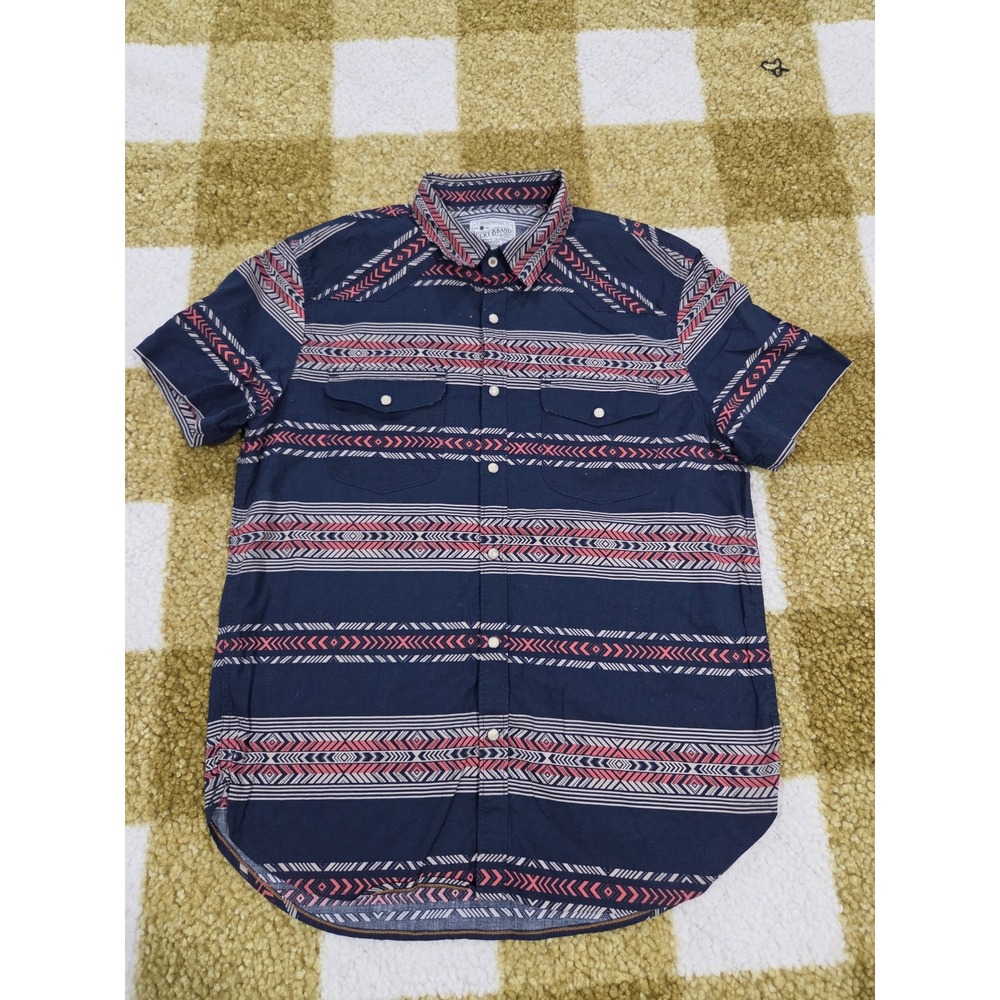 Lucky Brand Mens Blue Southwestern Geometric Pearl Snap Short Sleeve Shirt M